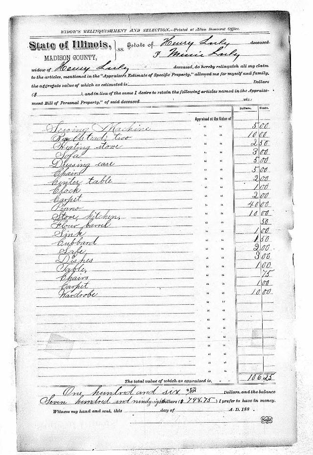 Page from Henry Luly&rsquo;s Probate Record, Madison County, Illinois, October 24, 1887