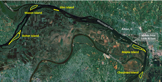 Location of the five study sites near the confluence of the Mississippi and Missouri Rivers. (Map credits: ESRI, HERE, Garmin, &copy; OpenStreetMap contributors, and the GIS user community.)
