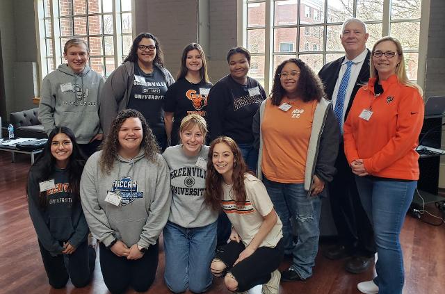 pring Summit '23 Student Ambassadors: bottom row left to right, Sedina Logan, Ashley Smith, Vanessa Compton, Katie Chavez. Top row left to right: Joey Wenke, Aleigha Taylor, Stephanie Kamp, Khaya Thomas, Joplin Hartman, Rep. Tim Johnson, Professor Heather Gilmore.