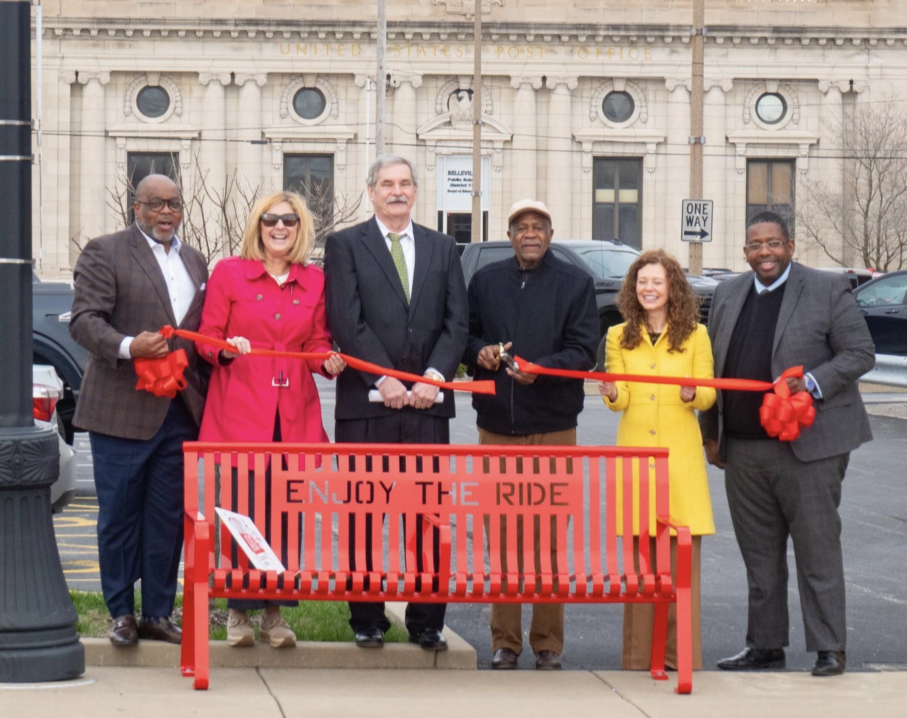 From left: Citizens for Modern Transit board member Raullo Earnes; Kimberly Cella, COO of Citizens for Modern Transit; Ken Sharkey, managing director of the St. Clair County Transit District; Lonnie Mosley, St. Clair County Transit District Board of Trustees member; Ellie Glenn Harmon, chair of Citizens for Modern Transit&rsquo;s board; and Ron Forest, executive vice president and COO of Metro Transit.