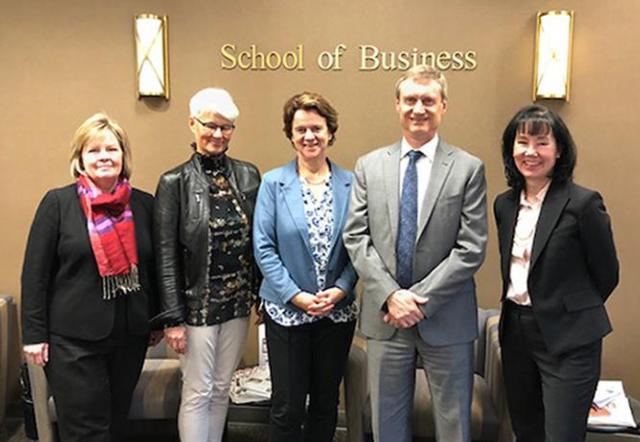 (L-R) SIUE School of Business Associate Dean Dr. Janice Joplin; Dr. Simone Maier, Head of DHBW Study Program, business administration and international business; Brigitte Ilg, Head, DHBW International Office; SIUE School of Business Interim Dean Dr. Tim Schoenecker; and SIUE International Affairs Executive Director Dr. Mary Weishaar.