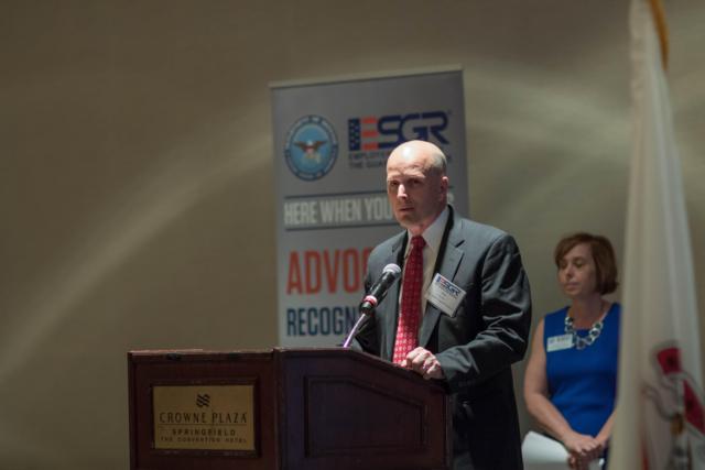 Dan Mueller of Aux Sable Liquid Products speaks at the Employer Support of the Guard and Reserve awards banquet, in Springfield, Illinois, on March 23. Aux Sable was awarded the Pro Patria Award, small employer for demonstrating exceptional support to military employees. (U.S. Army Photo by Sgt. Stephen Gifford, Illinois National Guard Public Affairs)