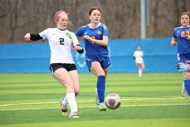 Senior Ali Wilson (2) tries to get around a Roxana defender in a game played earlier this season. 