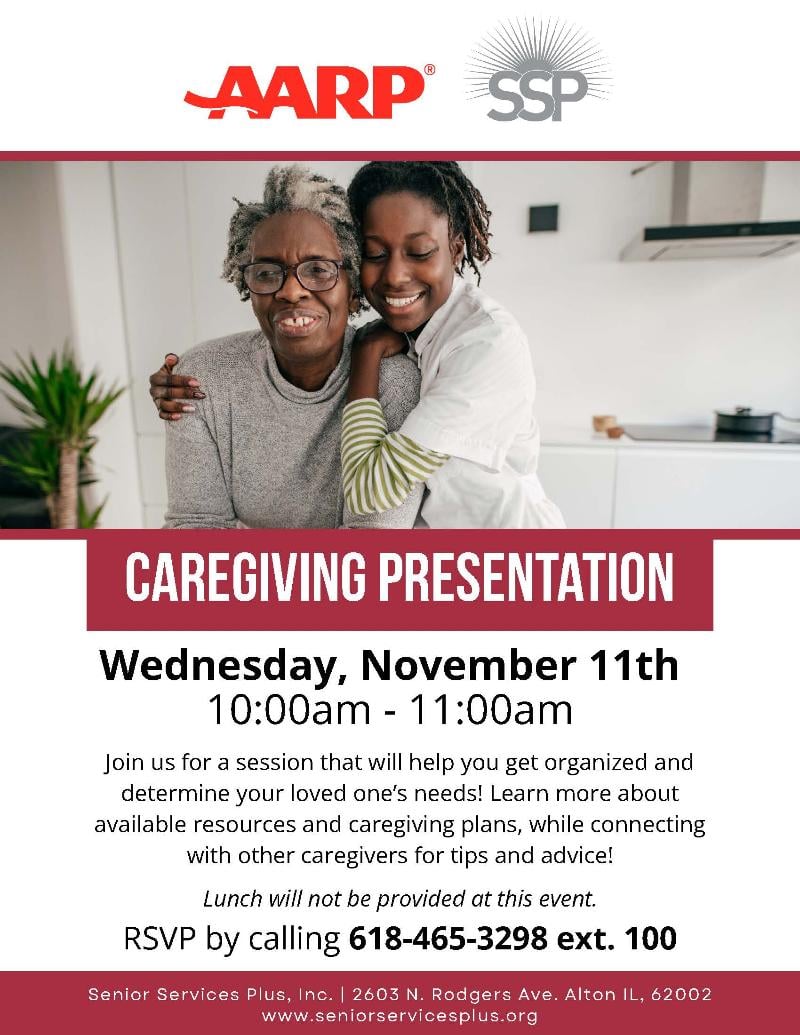 AARP Caregiving Presentation at Senior Services Plus - Nov. 11th event flyer