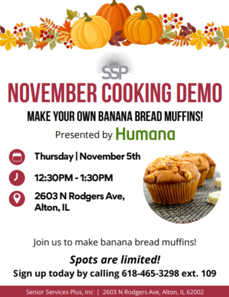 November Cooking Demo at Senior Services Plus event flyer