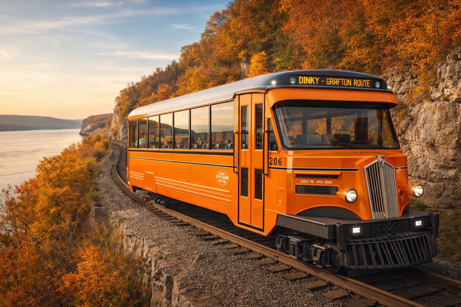 Artist rendering of a proposed high-speed &ldquo;Dinky&rdquo; railcar along the Great River Road bluff corridor.