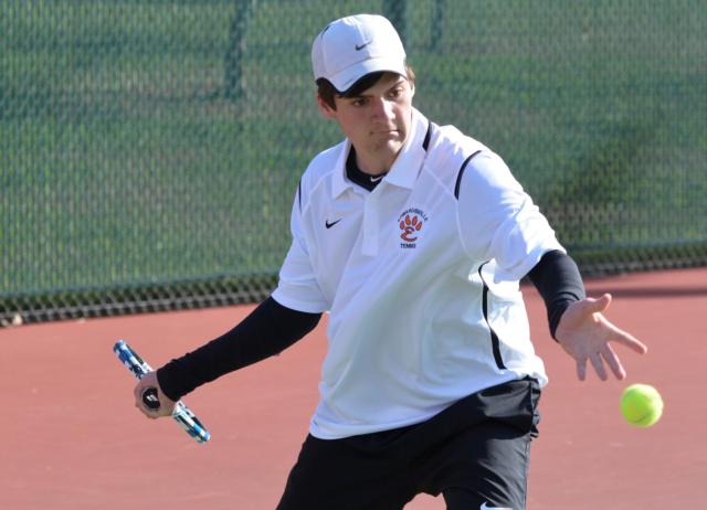 Seth Lipe captured a win against his St. Xavier opponent at No. 4 singles on Saturday in the title match of the Champions Flight of the Edwardsville Spring Invitational. (Photos by Dan Brannan)