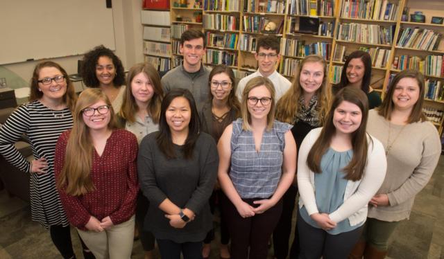 The 2018 Noyce Math and Science Scholars include (L-R) (front) Amanda Parga, Jenna Sanders, Hannah Jackson, Emily Peters, (middle) Tiffani Butler, Katie Ayres, Kenzie Jenkins, Danielle Fogle, Marie Gipson, (back) Breanna Blackwell, Ben Scamihorn, Nathaniel DeRousse and Rachel Towne.