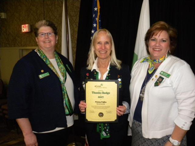 Sarah Durbin, GSSI CEO, (left) Penny Pejka, Thanks Badge recipient, Linda Manley, GSSI Board of Director Chair.