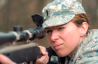 Air Force 1st Lt. Jennifer Weitekamp looks through the scope of her sniper rifle March 28, at Camp Lincoln in Springfield Illinois. On April 14, 2001, Weitekamp completed the Air National Guard's pilot Counter Sniper School conducted by the National Guard Marksmanship Training Center at Camp Joseph T. Robinson, North Little Rock, Arkansas, becoming the first woman to complete a U.S. military sniper school, and subsequently becoming the first female sniper in the Air Force. (U.S. Army photo by Staff Sgt. Robert R. Adams, Public Affairs)