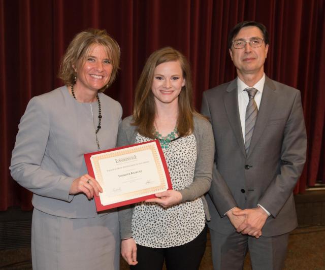 (L-R) Alumnus and presenter Vicki LaRose poses with Jennifer Rasbury, the recipient of the Vicki S. LaRose Engineering Scholarship, and School of Engineering Dean Dr. Cem Karacal.