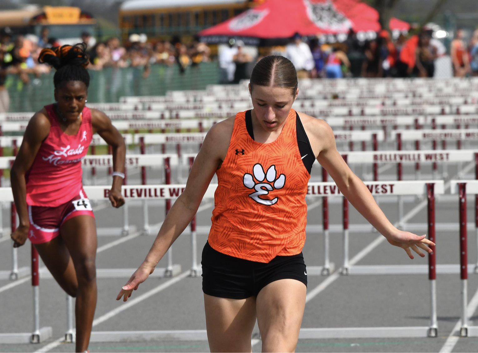 Edwardsville's Sophie Shapiro at the finish line of the 100 hurdles at Belleville West. (Photos by Dan Brannan)