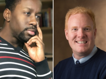 (L-R): Timothy Lewis, PhD, panel moderator and assistant professor of political science; and Kenneth Moffett, PhD, chair and political science professor.