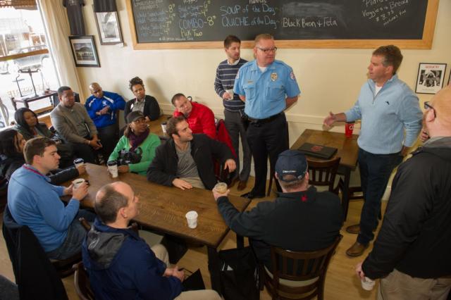 The counselors and SIUE admissions staff visited with city leaders at 222 Artisan Bakery in Edwardsville.