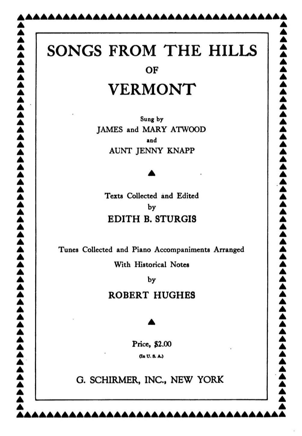 Songs from the Hills of Vermont by Edith B. Sturgis and Robert Hughes