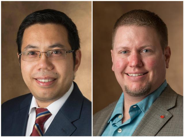 (L-R) Spring 2017 Vaughn Vandegrift URCA Research Mentors of the Semester Jianwei Huang, PhD, PE, and Kevin Tucker, PhD.