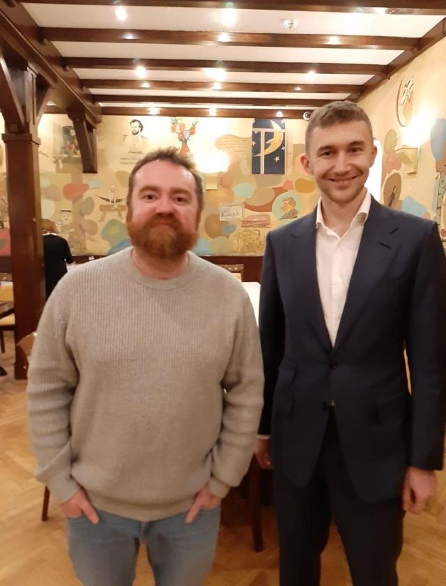 Tom Edwards, pictured with Sergei Karjakin, a very high ranking Russian Chess player, in Moscow Writer&rsquo;s room in an elite Business Chess Club.
