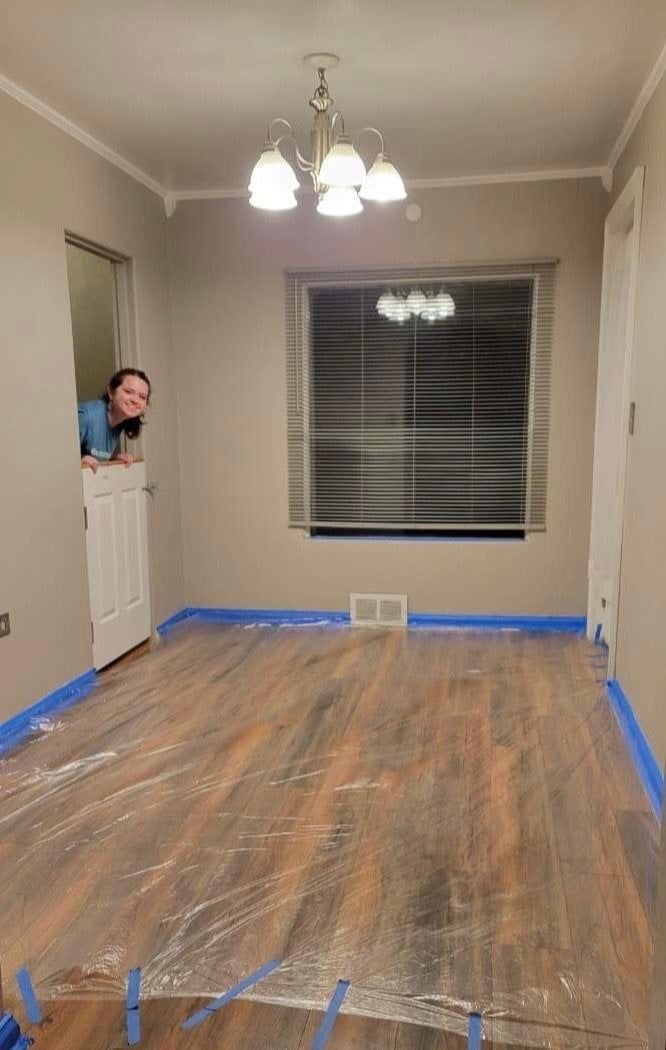 Me the night before: gray walls, prepared room.