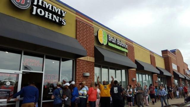 People were lined up in big fashion today at the Edwardsville Jimmy John's for $1 sandwiches.