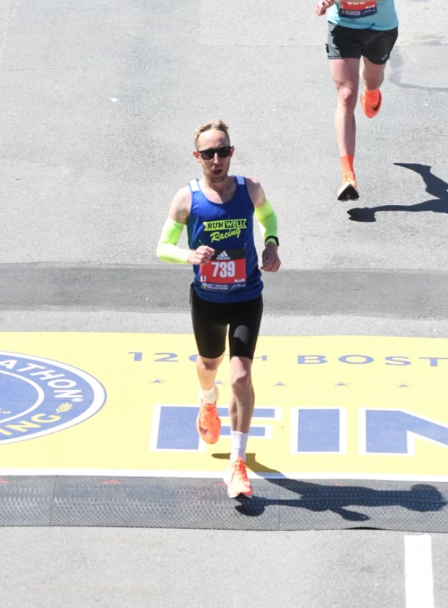Jacob Peal at the Boston Marathon finish.