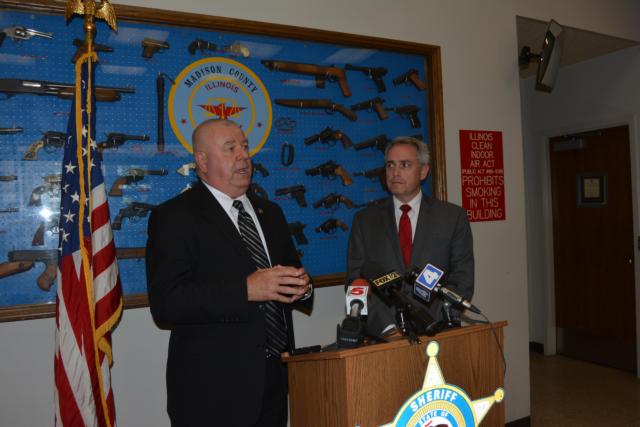 Madison County Sheriff John Lakin and State's Attorney Thomas Gibbons at a Monday press conference at the sheriff's office. (Photo by Dan Brannan)
