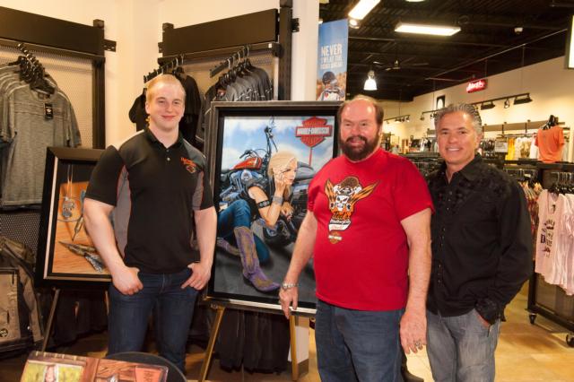 Kyle Stewart (left) with Bill Stewart and Scott Jacobs at Ted’s Motorcycle World in Alton. (Photo by Chuck Sheets)