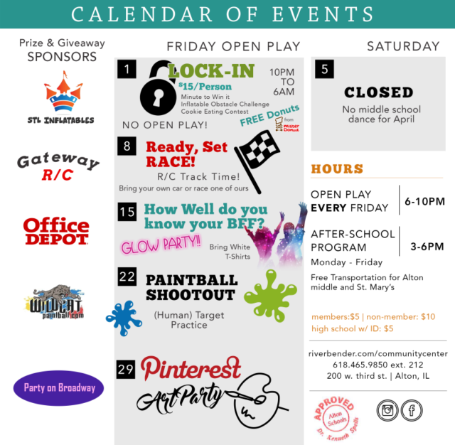 April's events at he RiverBender.com Community Center.