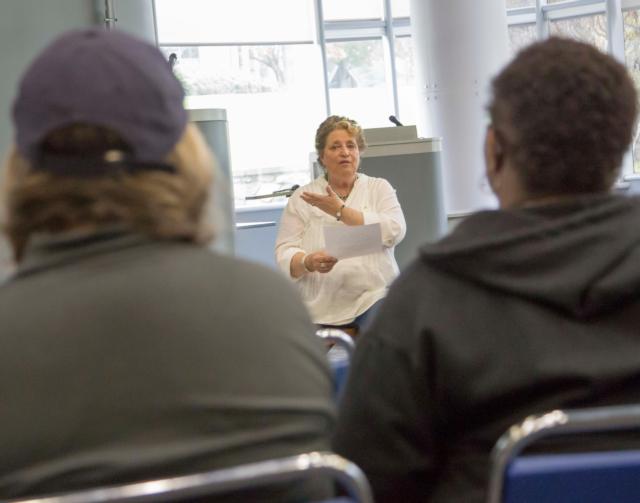 Documentary filmmaker Sandra Pfeifer leads a discussion on the East St. Louis race riots during the Racial and Ethnic Relations Forum, April 30 at Lewis and Clark. Photo by Jan Dona, L&C Media Services