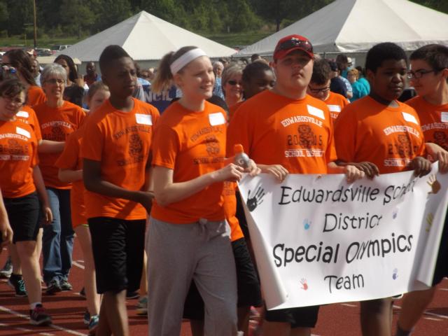 Edwardsville's Special Olympics team enters an opening ceremony at Southern Illinois University-Edwardsville on Saturday morning. (Photos by Brent Feeney)