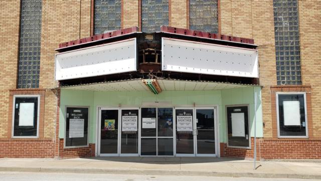 A front-facing broad look at The Stadium Theater in Jerseyville with a full view at the marquee as the restoration work continues.