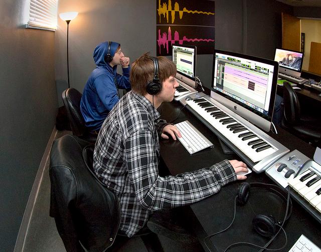 Students work in the music production lab at Lewis and Clark Community College, located in the basement of the Benjamin Godfrey Memorial Chapel. Photo by Paige Allen, L&C media specialist/photographer