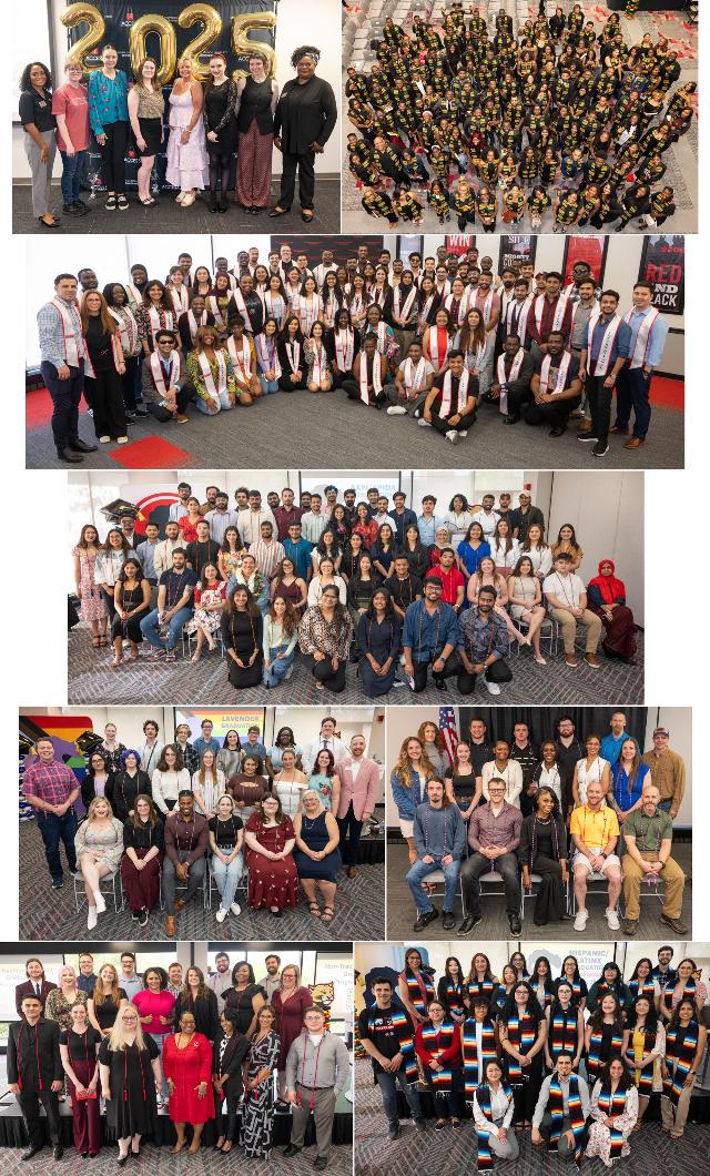 SIUE held eight affinity celebrations. First row (left to right): Gateway and Black graduations / Second row: International graduation / Third row: AAPI/APIDA gradation Fourth row (left to right): Lavendar and Military Veteran graduations Fifth row (left to right): Non-Traditional and Hispanic graduations.