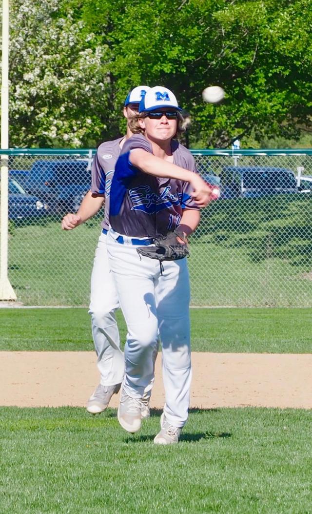 Third basemen Luke Schnaak throws out a Hawk batter running to first base.
