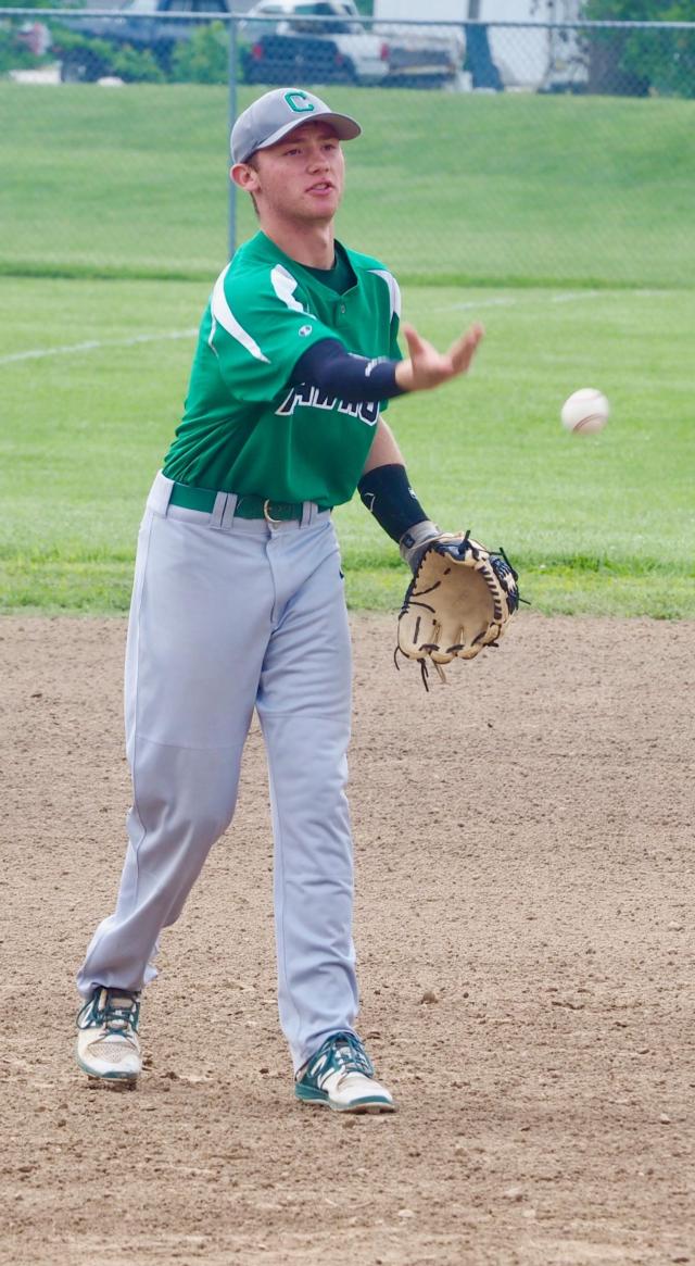 Ethan Brannan tosses the baseball to Kolten Bottom.
