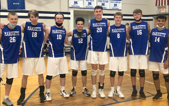 Marquette Catholic boys volleyball seniors are: Chad Tesson, William Roderfeld, Raymond McFadden, Ethan Lyons, Jake Roth, Grant Heinz, Justin Atkinson, and Davin Thompson.