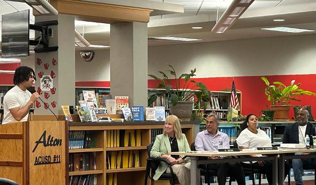 Isaiah Stueckel addresses the Alton Board of Education.