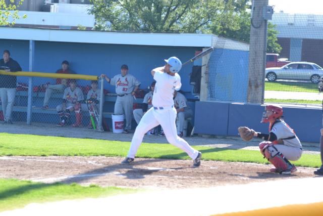 Crick Kimble was the star of the game for Jersey on Thursday, with this swing for a double and also a strong pitching performance. (Photo by Dan Brannan)