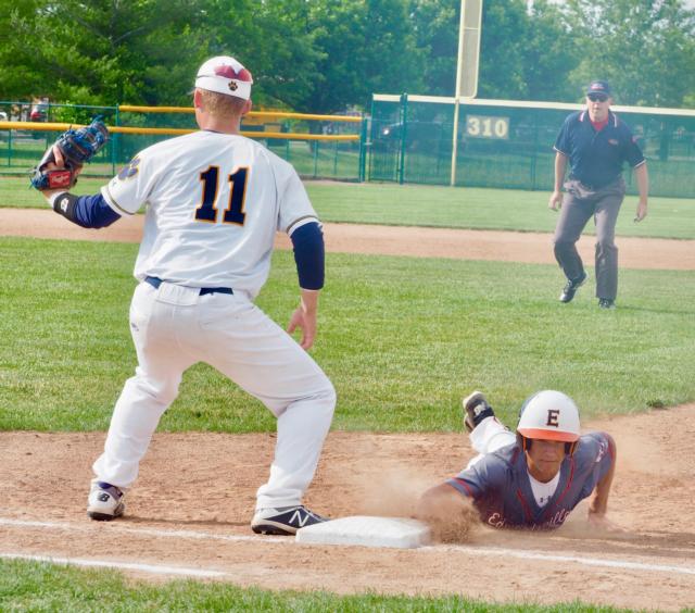 Josh Ohl slides safely into first base.