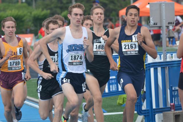 Jersey's Ben Flowers strides to the lead in the 1,600-meter run at the IHSA State Track and Field Meet on Saturday. (Photo by Dan Brannan)