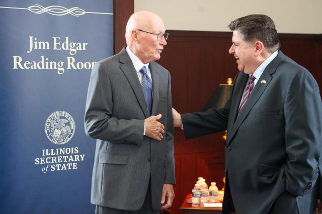Former Illinois Governor Jim Edgar (left) and current Illinois Governor JB Pritzker (right)