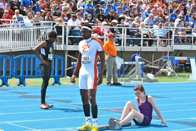 Fontez Davis stood above all Edwardsville perfomers Saturday with a first place in the long jump (23-6) and a place on three relays that earned medals. (Photo by Dan Brannan)