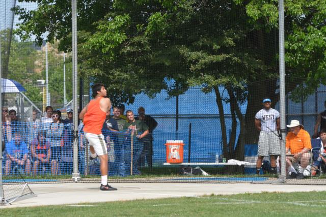 Edwardsville's A.J. Epenesa lets loose of a big toss Saturday in the state meet. (Photo by Dan Brannan)
