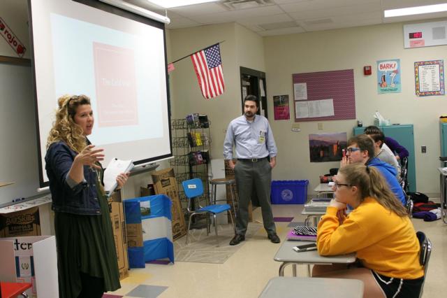 SIUE graduate students and Madison Historical research assistants Lesley Thomson and Brendon Floyd lead a history lesson at Bethalto’s Civic Memorial High School.
