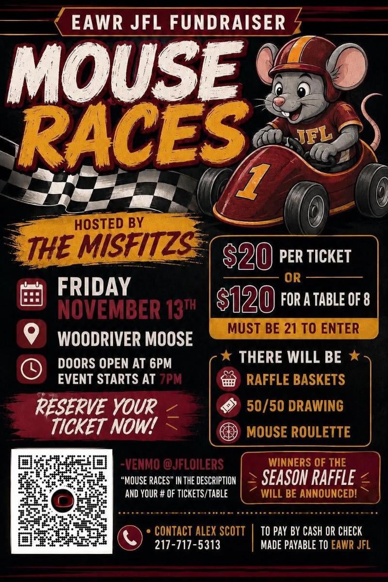 EAWR JFL Fundraiser Mouse Races event flyer