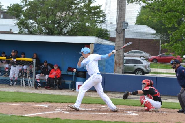 Jake Varble in one of his last at-bats in Jersey High School baseball uniform. The Jersey graduate will play at Southern Illinois University-Carbondale this fall. (Photo by Dan Brannan)