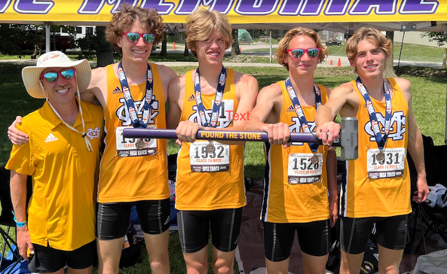 Pictured from left to right: CM track coach Jake Peal, Lucas Naugle, Justice Eldridge, Jackson Collman, and DJ Dutton.