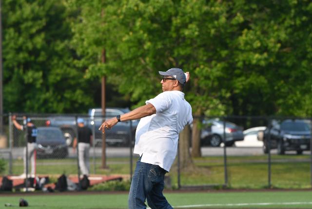 Alton Mayor David Goins tossed out the first pitch at the River Dragons home opener on Saturday night.
