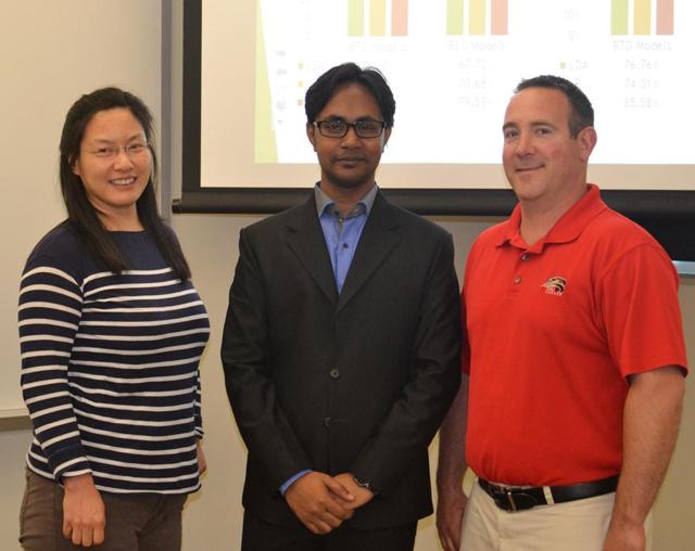 Md Atiquzzaman (middle) poses with his advisor Dr. Yan Qi (L) and Dr. Ryan Fries (R), associate professor of civil engineering at SIUE.
