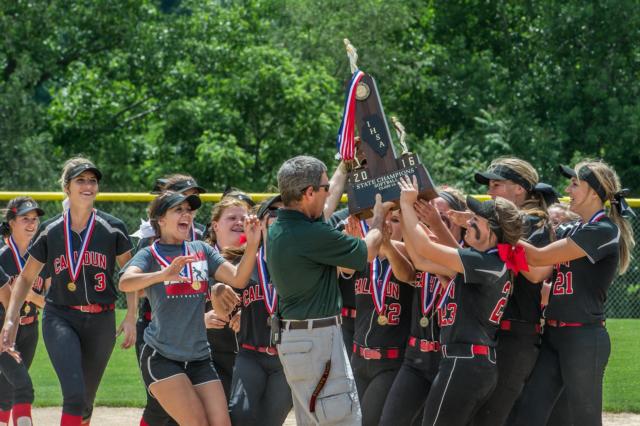 Calhoun's girls celebrate winning their second consecutive IHSA Class 1A state championship on Saturday in East Peoria. (Photo courtesy of Michael R. Weaver)