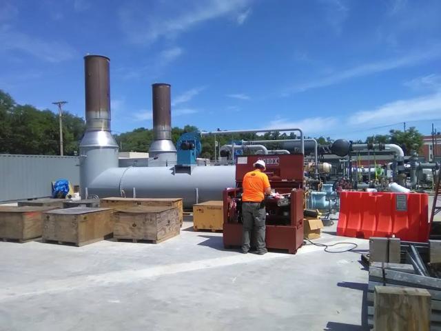 The two thermal accelerators utilize temperatures as high as 1,400 degrees to incinerate contaminants. On cool days with low humidity, Holderness said some steam may be able to be seen exiting these. 